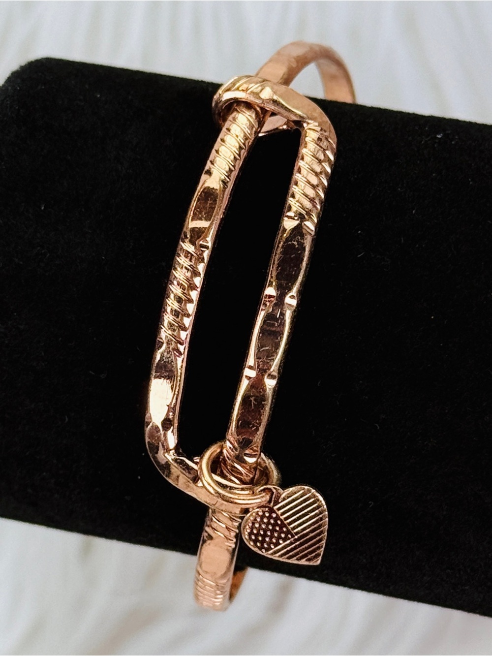 Rose Gold Tone Double-Band Heart Charm Bangle Bracelet